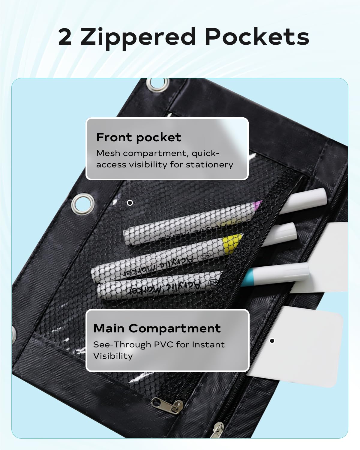 ASBEFORE Pencil Pouch for 3 Ring Binder - 3 Hole Zipper Pen Case Bag Holder Bulk Accessories Clear Window Aesthetic Organizer Pockets (Black, 1)