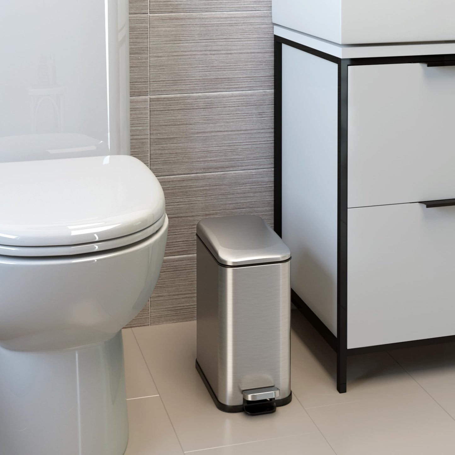 iTouchless SoftStep 1.3 Gallon Slim Bathroom Step Trash Can with Odor Filter & Removable Inner Bucket, Stainless Steel, 5 Liter Garbage Bin for Bathroom, Bedroom, Business, Home Office Cubicle