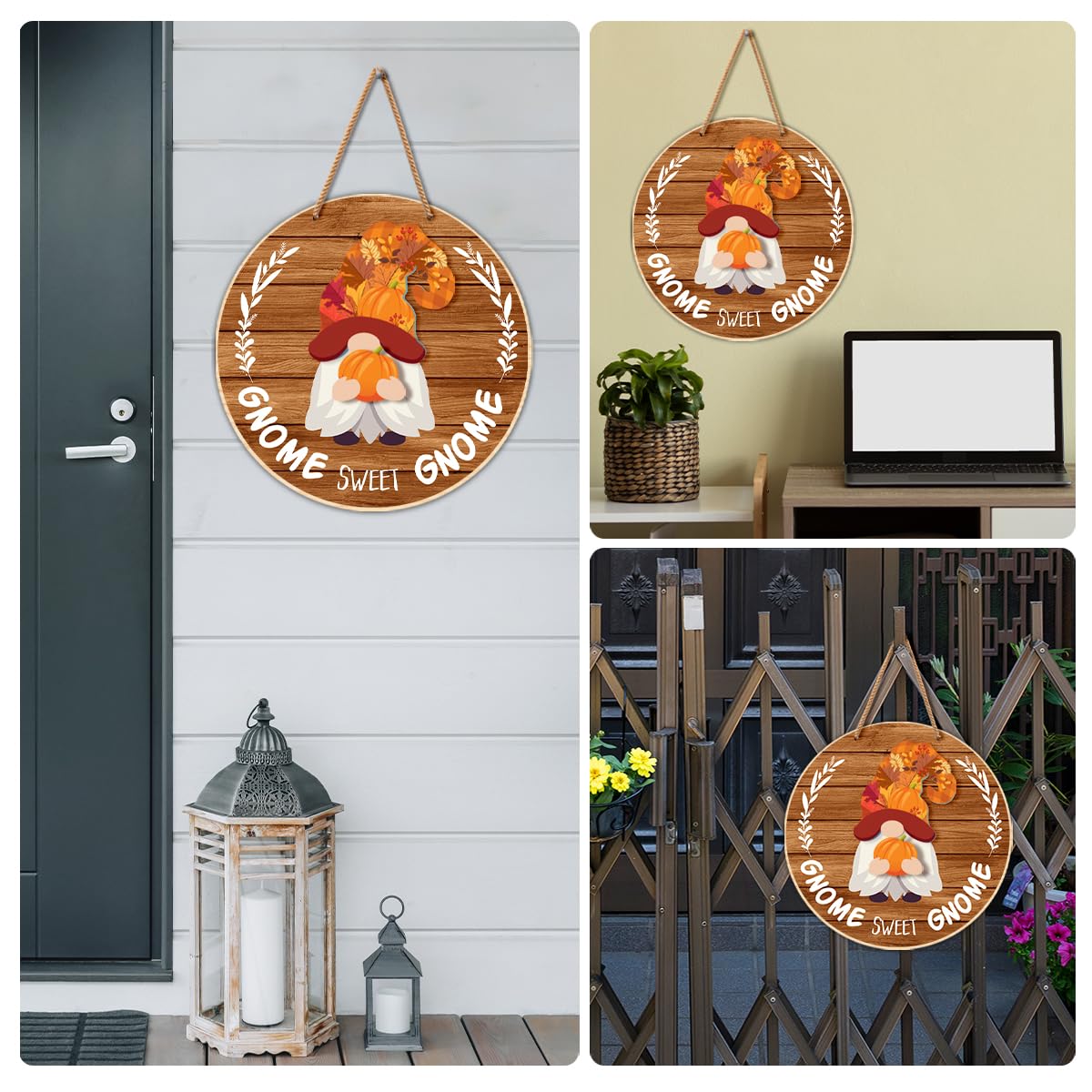 Interchangeable Gnome Welcome Sign Fall Halloween Front Porch Decor Seasonal Wood Gnomes Door Decorations Changeable Wall Hanging Wreath for All Seasons Holiday Christmas (21 Pcs)