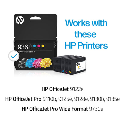 HP 936 Black, Cyan, Magenta, Yellow Ink Cartridges Printers (4-Pack) | Works with OfficeJet 9120, OfficeJet Pro 9110, 9120, 9130, Wide Format 9730 | Eligible for Instant Ink | 6C3Z5LN