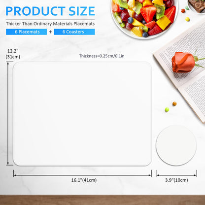 APLKER Placemats and Coasters Set of 6, Heat Insulation PU Leather Table Mats Non-Slip Washable Waterproof Kitchen Dining Place Mats for Home Restaurant Hotel - White