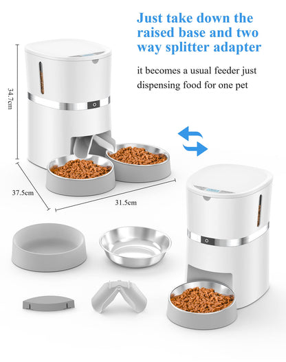 Automatic Cat Feeder, WellToBe Pet Feeder Food Dispenser for Cat & Small Dog with Two-Way Splitter and Double Bowls, up to 6 Meals with Portion Control, Voice Recorder - Battery and Plug-in Power