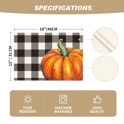 Artoid Mode Hello Fall Pumpkin Maple Leaves Buffalo Plaid Placemats for Dining Table, 12 x 18 Inch Seasonal Harvest Holiday Rustic Vintage Thanksgiving Washable Table Mats Set of 4