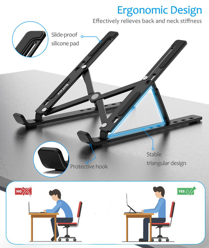 BoYata Laptop Stand, Portable Laptop Holder Computer Stand for Desk, Aluminum Foldable Laptop Riser with 6 Levels Height Adjustment, Compatible with MacBook, HP, Lenovo, Dell, 10-15.6" Laptops (Black)