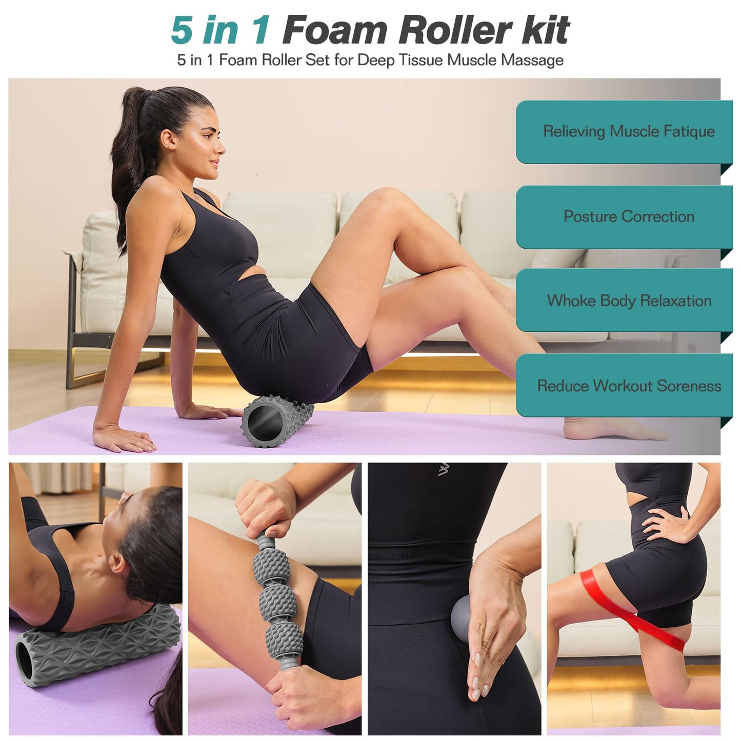 5 in 1 Foam Roller Set - Trigger Point Foam Back Roller, Muscle Roller Stick, Massage Ball, Stretching Band for Deep Muscle Massage Pilates Yoga,Fitness Exercise for Whole Body Release