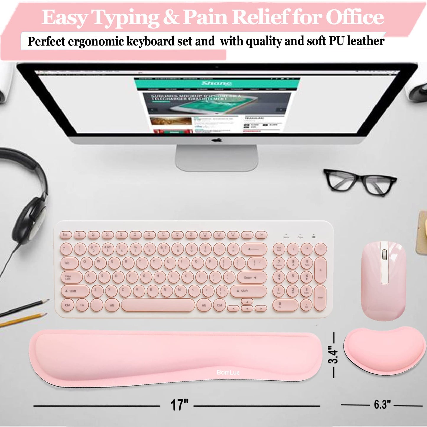 BamLue Upgrade Cleanable PU Leather Keyboard Wrist Rest, Gel Mouse Wrist Pillow Pad Set for Easy Typing & Pain Relief for Laptop, Office & Home, Ergonomic Sets for Keyboard-Pink