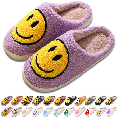 AIMINUO Women's Men's Retro Preppy Happy Face Slippers Comfy Warm Plush Slip-On House Slipper for Winter Indoor Soft Cushion Non-slip Fluffy Slides Slippers Purple 7.5-8.5 Women/7-8 Men