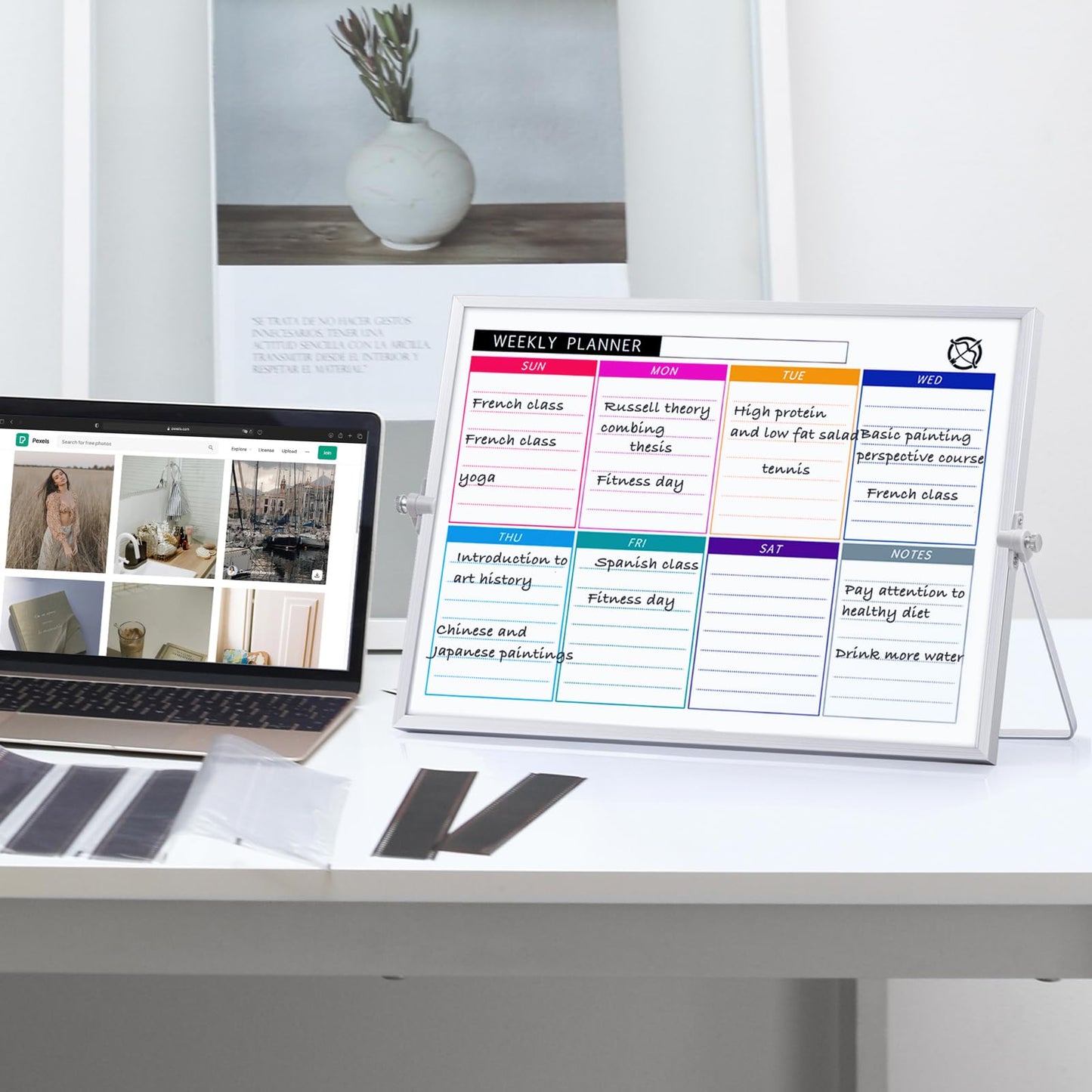 ARCOBIS Dry Erase White Board with Stand, 12" x 16" Weekly Double-Sided Desktop Whiteboard 10 Markers, 4 Magnets, 1 Eraser, Portable Magnetic Dry Erase Calendar for Planning, to Do List, Memo, School