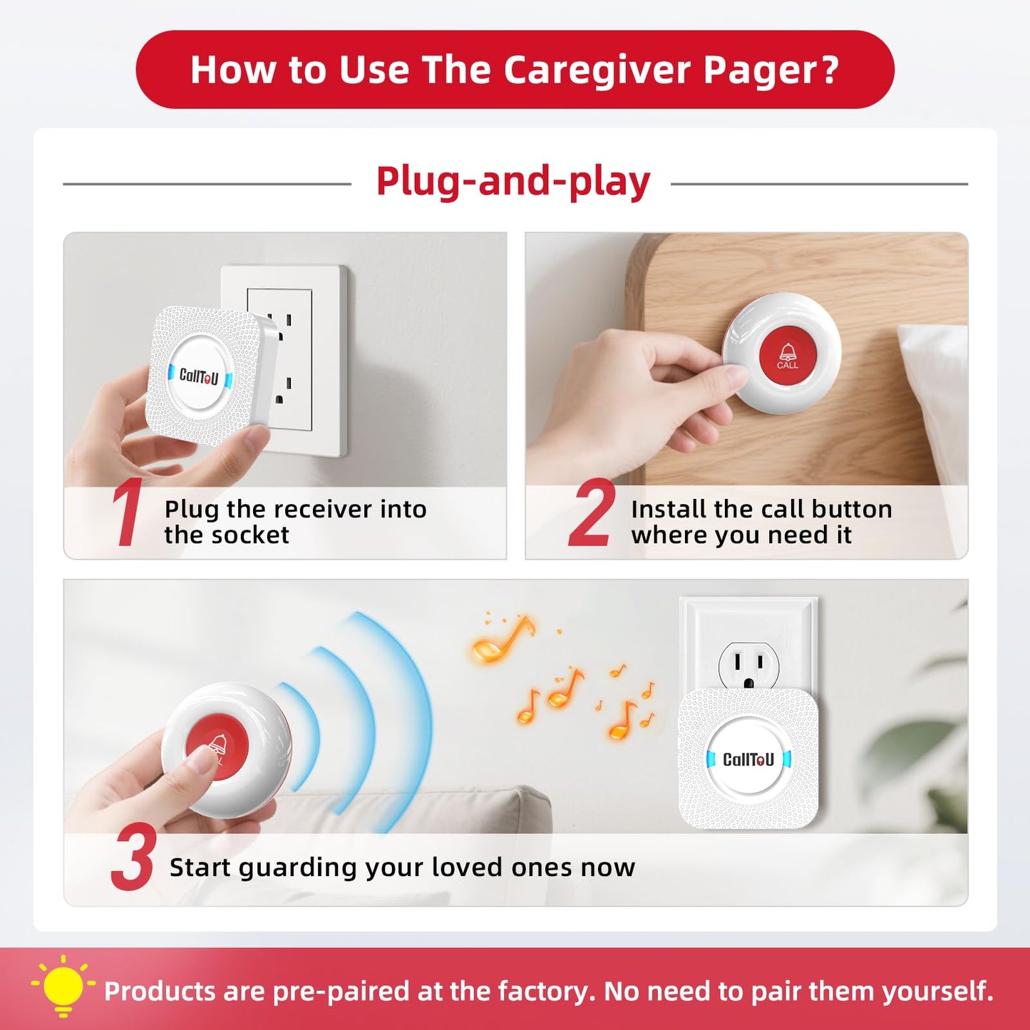 CallToU Caregiver Pager Wireless Call Button Nurse Alert System 500+ Feet for Home/Elderly/Patient/Disabled 1 Plugin Receiver 1 Waterproof Transmitter