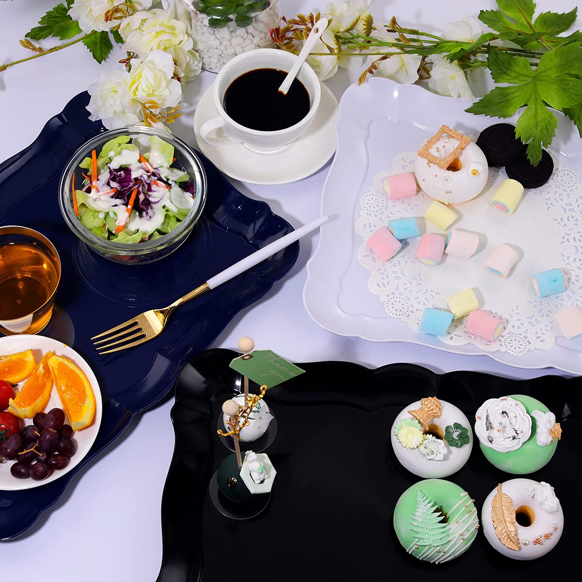 BBG 6 Pack Black Plastic Serving Trays, 15" x 10" Halloween Party Platters and Trays, Rectangle Black Plastic Serving Trays, Dishwasher Safe Reusable Platters Set, Halloween Plastic Trays for Party