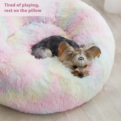WNPETHOME Calming Dog Bed Cat Bed Donut, Faux Fur Pet Bed Self-Warming Donut Cuddler, Comfortable Round Plush Dog Beds (20 x 20 x 8 Inch, Rainbow)