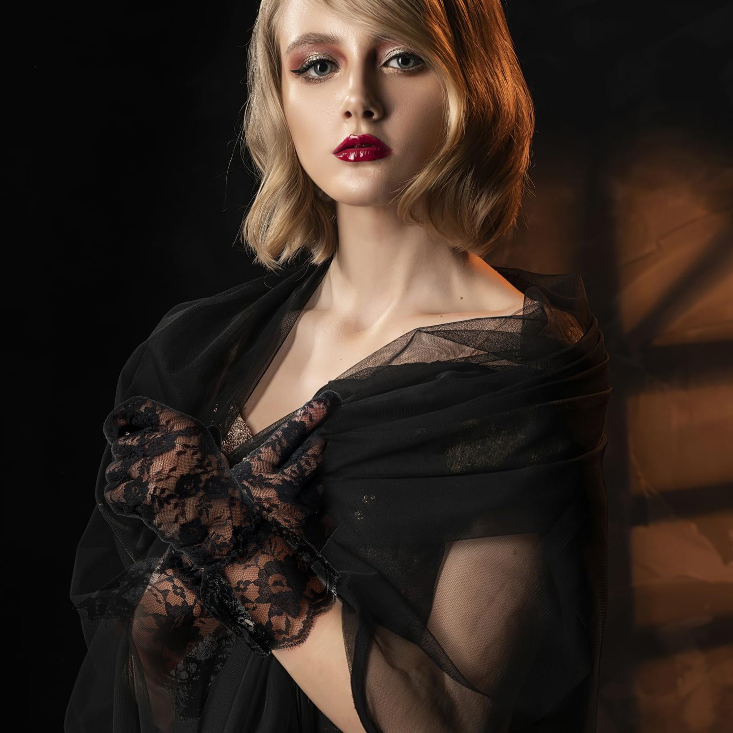 Black Lace Gloves For Women - Elegant Short Lace Gloves For Tea Party, Opera, Wedding & Prom