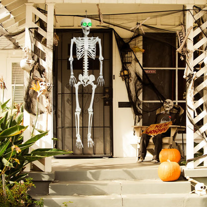 6Ft Halloween Skeleton, Posable Life Size Skeleton with Glowing Eyes Creepy Sound, Plastic Skeletons with Movable Joints for Graveyard Prop, Indoor Outdoor Haunted House Party Decor