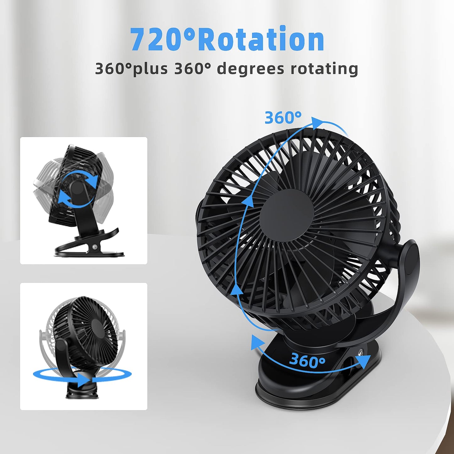 ATEngeus Rechargeable Clip-on USB Desk Fan, 3 Speeds, 5000mAh Battery, 720Rotation, Sturdy Clamp for Home, Camping, Treadmill and Car