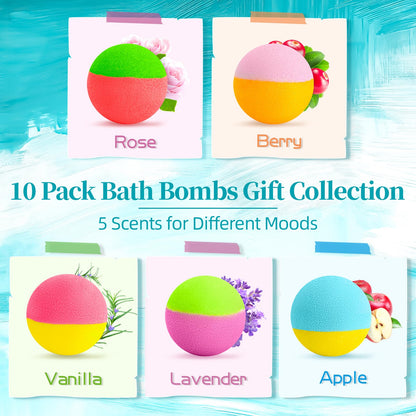 Bath Bomb Gift Set – 10 Handmade Bath Bombs with Natural Ingredients, 5 Aromatic Scents, Relaxing Spa Bombs for Women, Men, and Kids, Best Birthday Gifts for Stress Relief and Relaxation