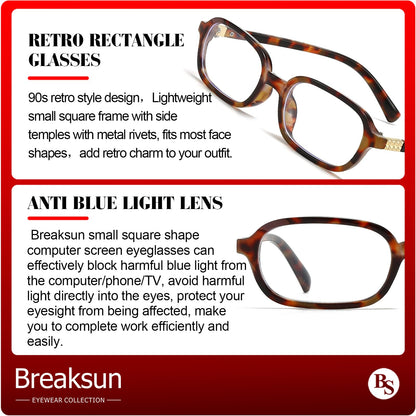 Breaksun Retro Rectangle Glasses for Women Men Small Square Blue Light Blocking Glasses Vintage Eyeglasses (Tortoise)