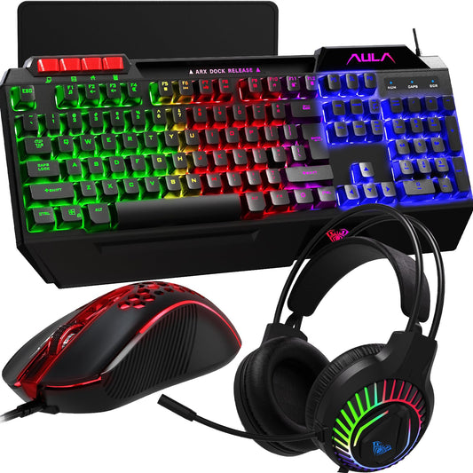 AULA Gaming Keyboard Mouse Headset and Mousepad Combo, RGB LED Backlit Gaming Keyboard Bundle, USB Wired Keyboards Combo for PC Gamer, Xbox, PS4 Users