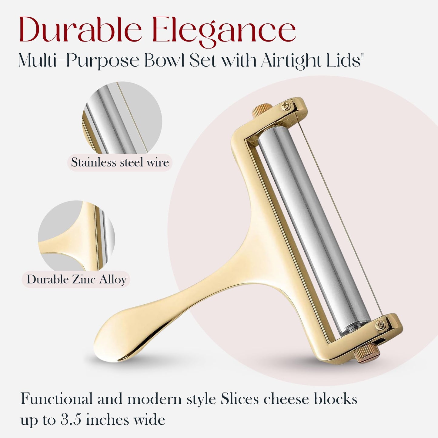 Bellemain Stainless Steel Wire Cheese Slicer - Adjustable Cheese Cutter for Cheddar, Gruyere, Raclette, Mozzarella Cheese Block, Gold