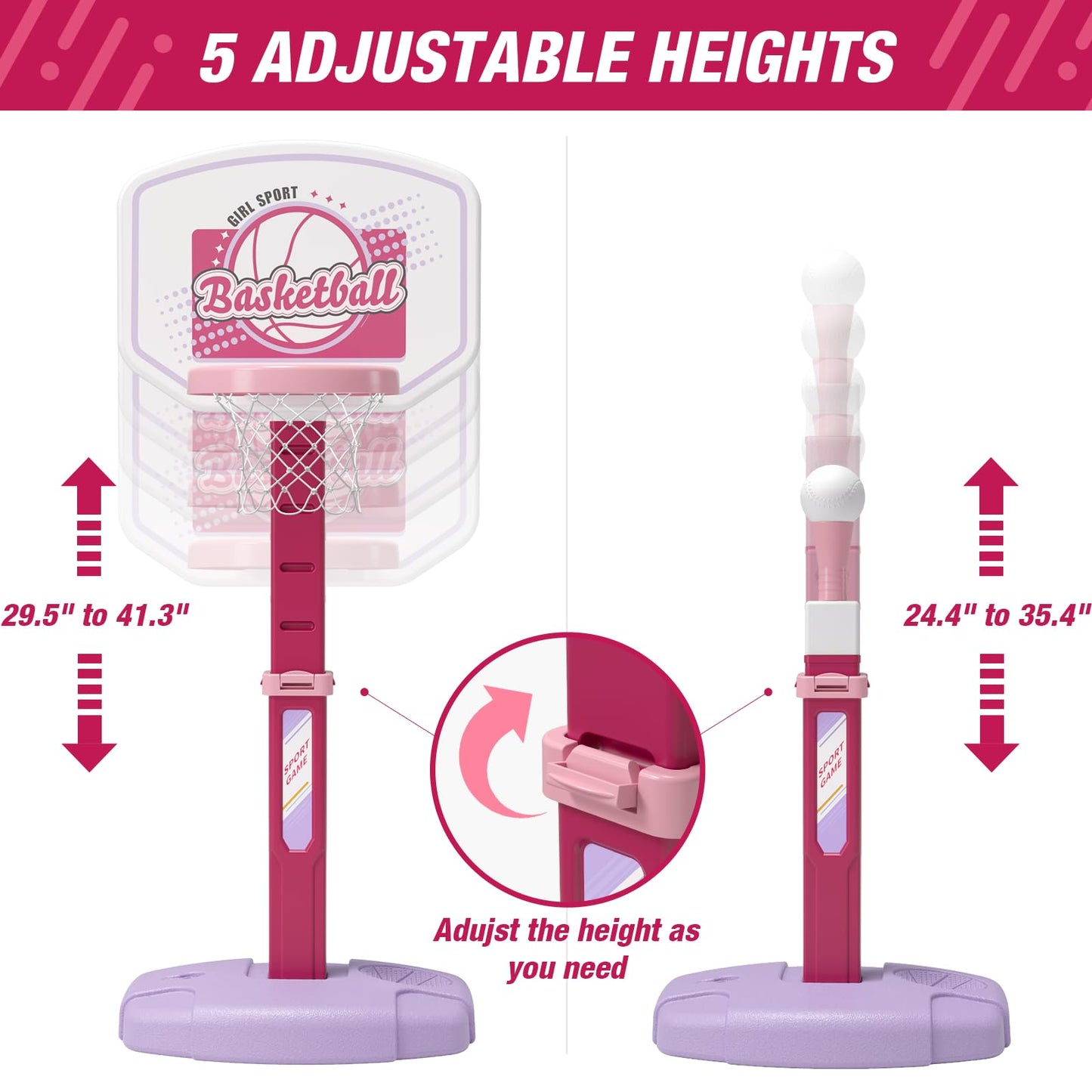 HYES 2 in 1 Kids Basketball Hoop and T Ball Set - Adjustable Height, Kids Baseball Tee with Automatic Pitching Machine, Indoor Outdoor Sport Toys Gifts for Toddler Boys Girls Age 1-5, Pink