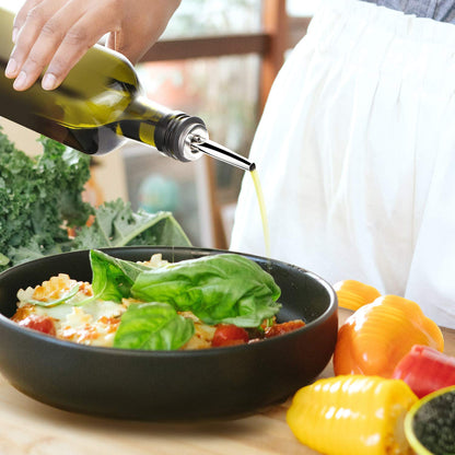 AOZITA Glass Olive Oil Dispenser Bottle Set - 500ml Dark Green Oil & Vinegar Cruet Bottle with Pourers, Funnel and Labels - Olive Oil Carafe Decanter for Kitchen, 17 Oz (Pack of 2)