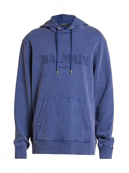 Balmain, Embroidered Logo Cotton Hoodie, Medium, Blueblue