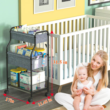 3-Tier Baby Diaper Caddy Organizer and Storage Cart with 4+2 Dividers, Mobile Metal Utility Cart with Rolling Wheels for Nursery Essentials, Large Capacity Rolling Carts for Crib, Bedroom, Bathroom