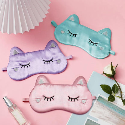 Haysandy Cute Animal Cartoon Eye Masks - 3 Pack (White, Gray, Pink) - Silk Material - Soft & Comfortable - Lightweight - Adult & Kids - Pull On - Sleep Masks