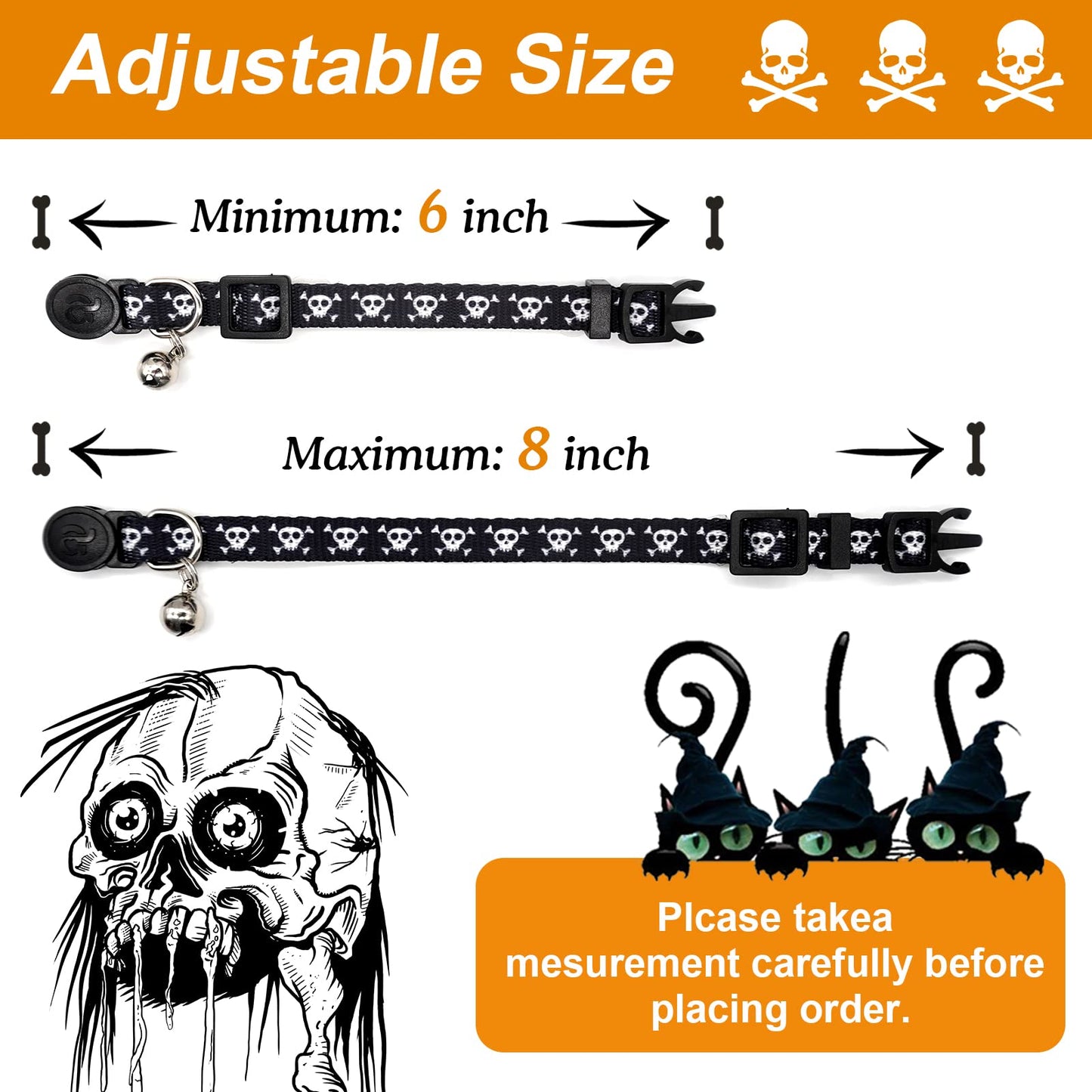 azuza 4 Pack Halloween Kitten Collar Breakaway,Quick Release Safe Buckle Adjustable Kitten Collars, Skull Crossbones, Crossbones, Pink Leopard and Blue Leopard