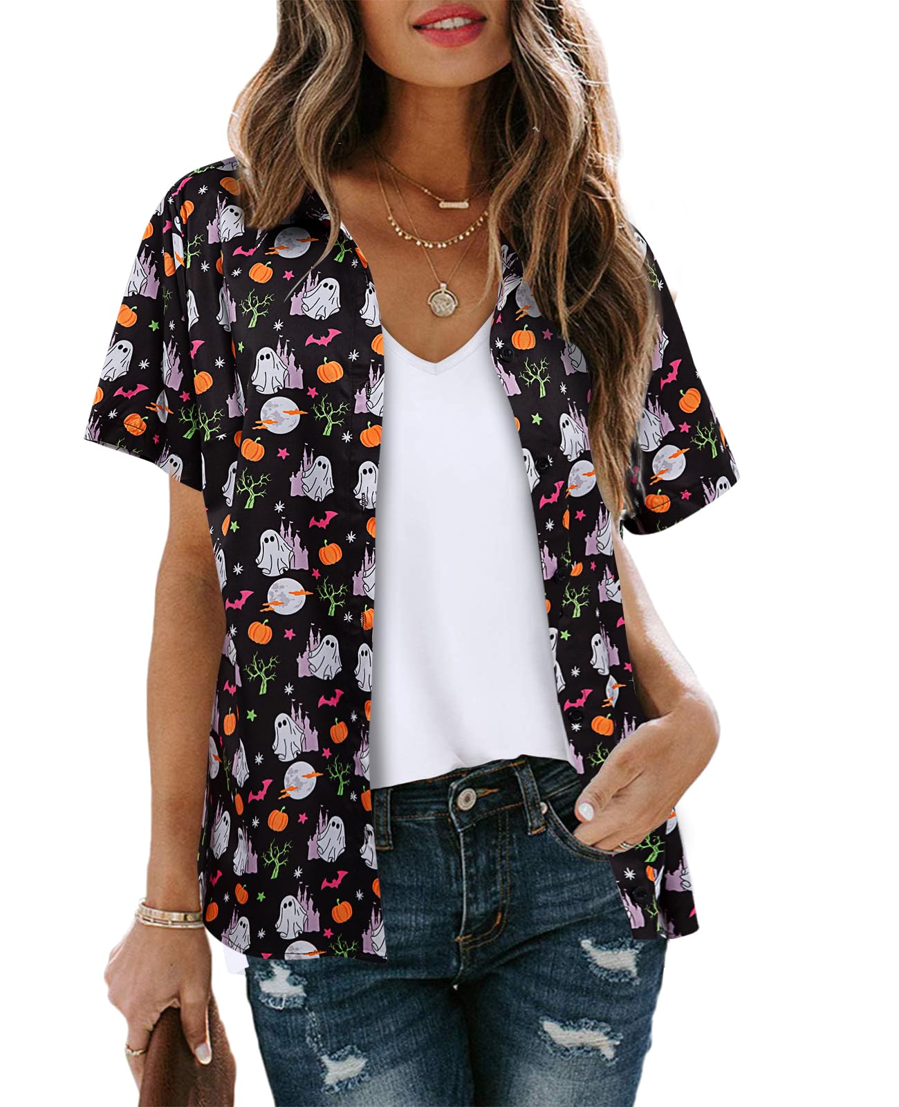 Womens Halloween Hawaiian Shirt Cute Pumpkin Spooky Castle Graphic Tee Magical Halloween Short Sleeve Button Up Tops
