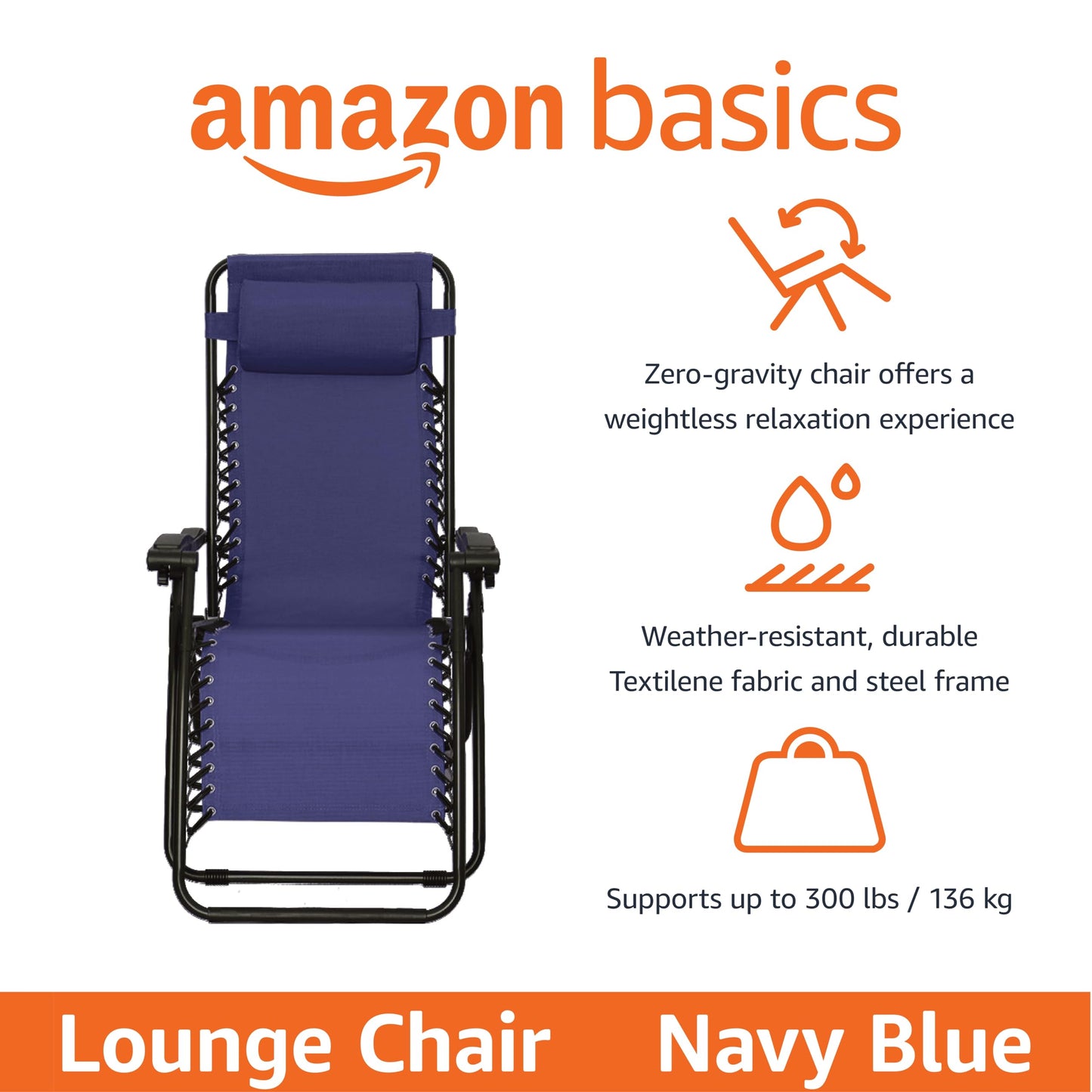 Amazon Basics Outdoor Patio Zero Gravity Lounge Chair with Pillow, Folding Reclining and Textilene Adjustable, Folding Lounge Lawn Chairs for Outside, 26", Blue