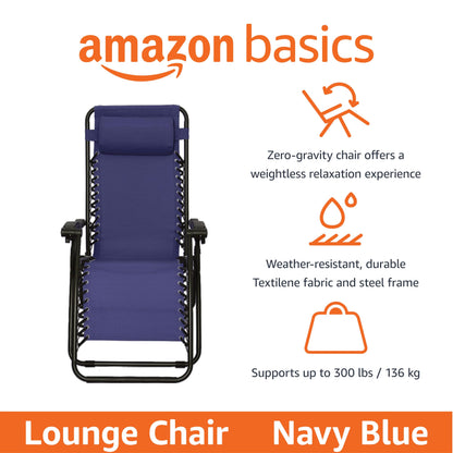 Amazon Basics Outdoor Patio Zero Gravity Lounge Chair with Pillow, Folding Reclining and Textilene Adjustable, Folding Lounge Lawn Chairs for Outside, 26", Blue