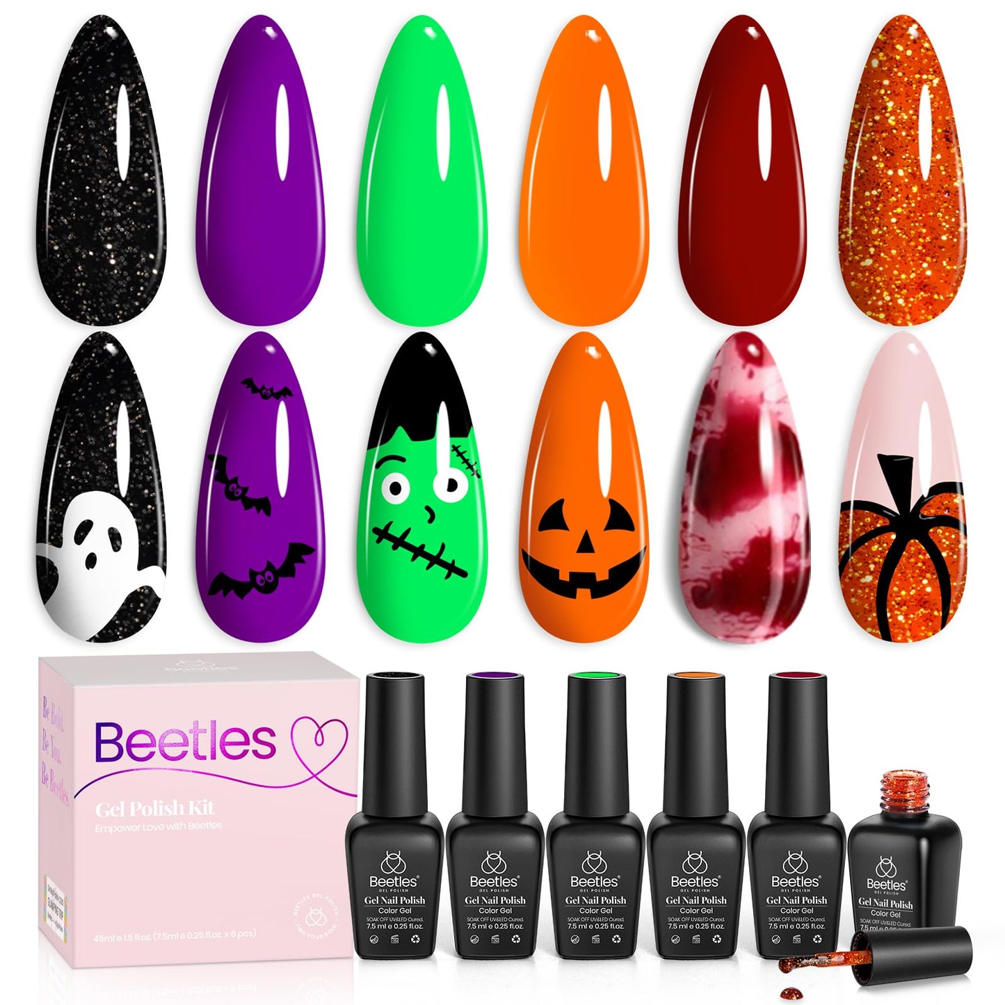 Beetles Halloween Gel Nail Polish Set - Hocus Pocus 6 Colors Gel Polish Kit, Orange Green Purple Black Red Glitter Fall Colors, Soak Off Nail Lamp UV LED Cured Nail Art Design Manicure Gift for Women
