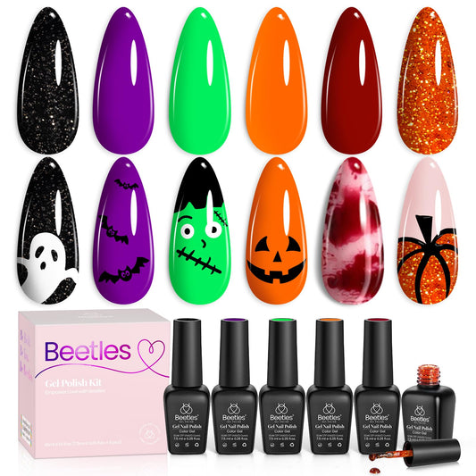 Beetles Halloween Gel Nail Polish Set - Hocus Pocus 6 Colors Gel Polish Kit, Orange Green Purple Black Red Glitter Fall Colors, Soak Off Nail Lamp UV LED Cured Nail Art Design Manicure Gift for Women