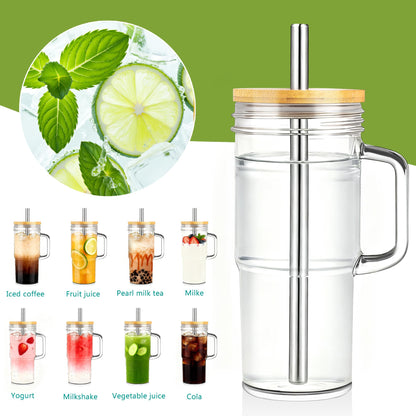 Birity 24oz Glass Cups with Lids and Straws,Glass Tumbler with Handle,2 set–Reusable Glass Ice Coffee Cups with Lid and Straw for Smoothies,Tea,Juice,Boba Cup for Cold & Hot Drinks,Travel Cup