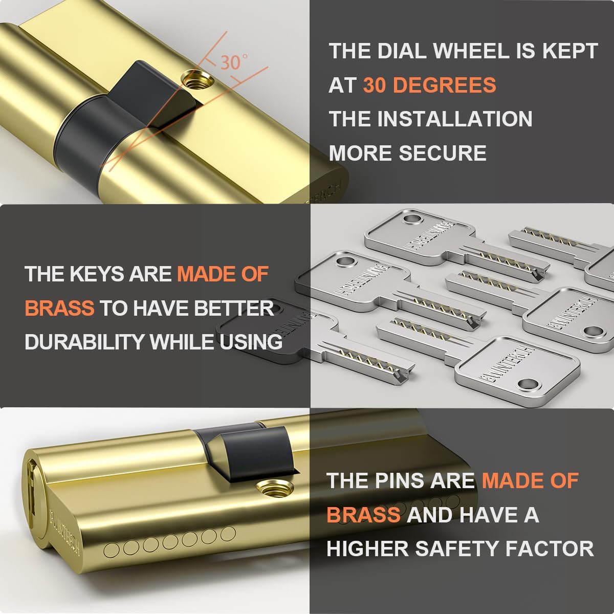 Bwintech Keyed Alike 30/30 mm Euro Brass Cylinder, 60 mm Key/Key Cylinder Lock with 10 Horizontal Brass Keys, Anti Picking, Anti Drill, Anti Bumping, Polished Brass Finish
