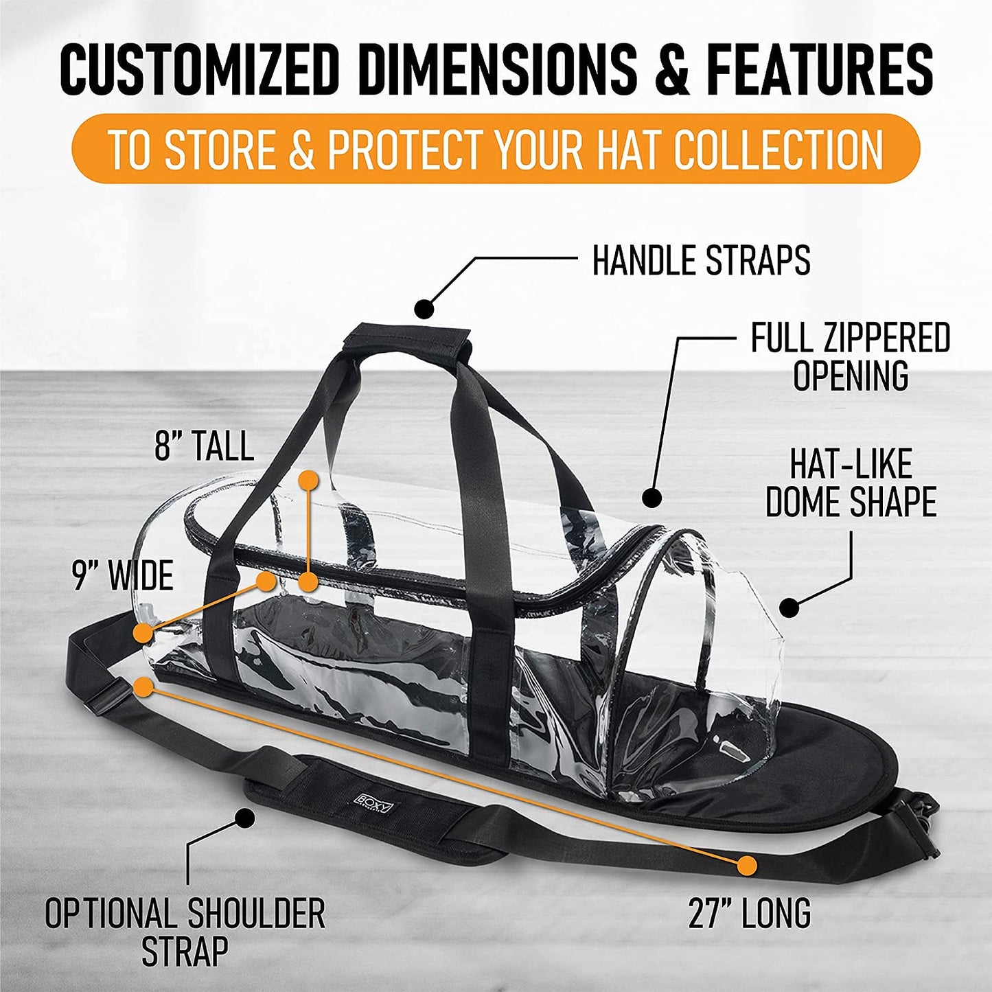 Boxy Concepts Hat Storage Bag - Holds 24 Baseball Cap - Transparent Dome Shaped Carrier Case with Hand & Shoulder Strap - Zippered Hat Organizer, Holder & Storage Bag for Travel - Wall Organizer