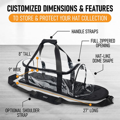 Boxy Concepts Hat Storage Bag - Holds 24 Baseball Cap - Transparent Dome Shaped Carrier Case with Hand & Shoulder Strap - Zippered Hat Organizer, Holder & Storage Bag for Travel - Wall Organizer