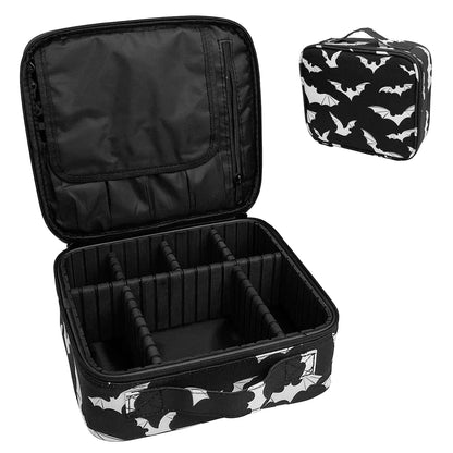 9CH Goth Makeup Organizer Bag, Halloween Makeup Bags Large Cosmetic Bag with Adjustable Dividers Portable Bat Cosmetic Case for Make up Brushes Toiletry Jewelry（Black Bats）