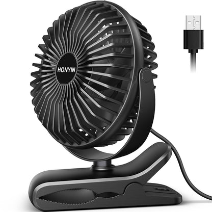 HONYIN 720° Rotation Small Desk & Clip on Fan with Sturdy Clamp, 3 Speeds, Quiet Little Personal Cooling Fan by USB Plug In, for Bedroom Office Desktop Treadmill