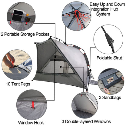 apollo walker Beach Tent Sun Shelter 3-4 Person Easy Setup Portable Sunshade Canopy Large,Extended Floor,Stakes,Sand Pockets,UPF 50+ Waterproof Windproof Outdoor Camping Fishing Picnic