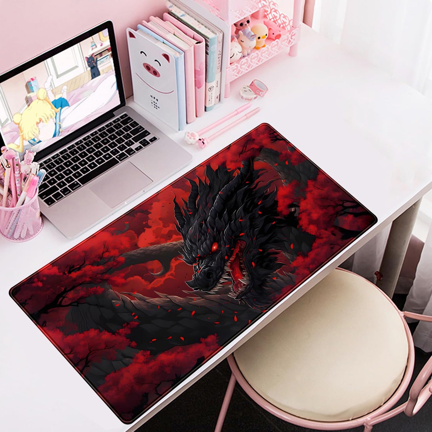 Huge Dragon Large Mouse Pad - Red and Black Mousepad, Big Full Keyboard and Mouse Pad with Stitched Edges, Anti-Slip, Funny Desk Pad, 31.5 X 15.8 in.
