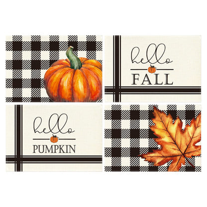 Artoid Mode Hello Fall Pumpkin Maple Leaves Buffalo Plaid Placemats for Dining Table, 12 x 18 Inch Seasonal Harvest Holiday Rustic Vintage Thanksgiving Washable Table Mats Set of 4