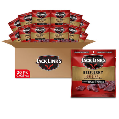 Jack Link's Beef Jerky, Original, Multipack Bags - Flavorful Meat Snacks for Lunches, Ready to Eat Protein Snacks, Individual Packs - 7g of Protein, Made with 100% Beef - 0.625 oz (Pack of 20)