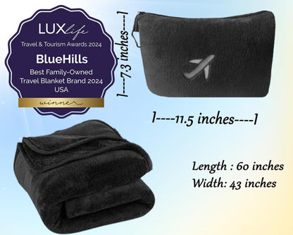 BlueHills Travel Blanket Pillow in Mini Soft Packable Case Premium Plush Airplane Blanket in Portable Compact Pack with Luggage Belt and Carabiner Long Flight Throw Essentials Lightweight- Black M05