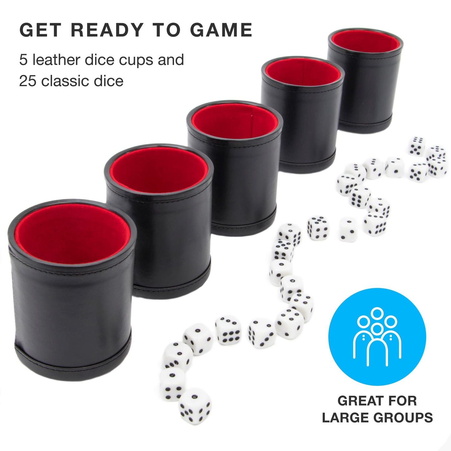 Brybelly Dice Set with Dice Shaker Cup - Perfect for Casino Dice Game for Family Leather - Poker Dice Shaker - 5 Red Lined Dice Cups and 25 Dice Sets