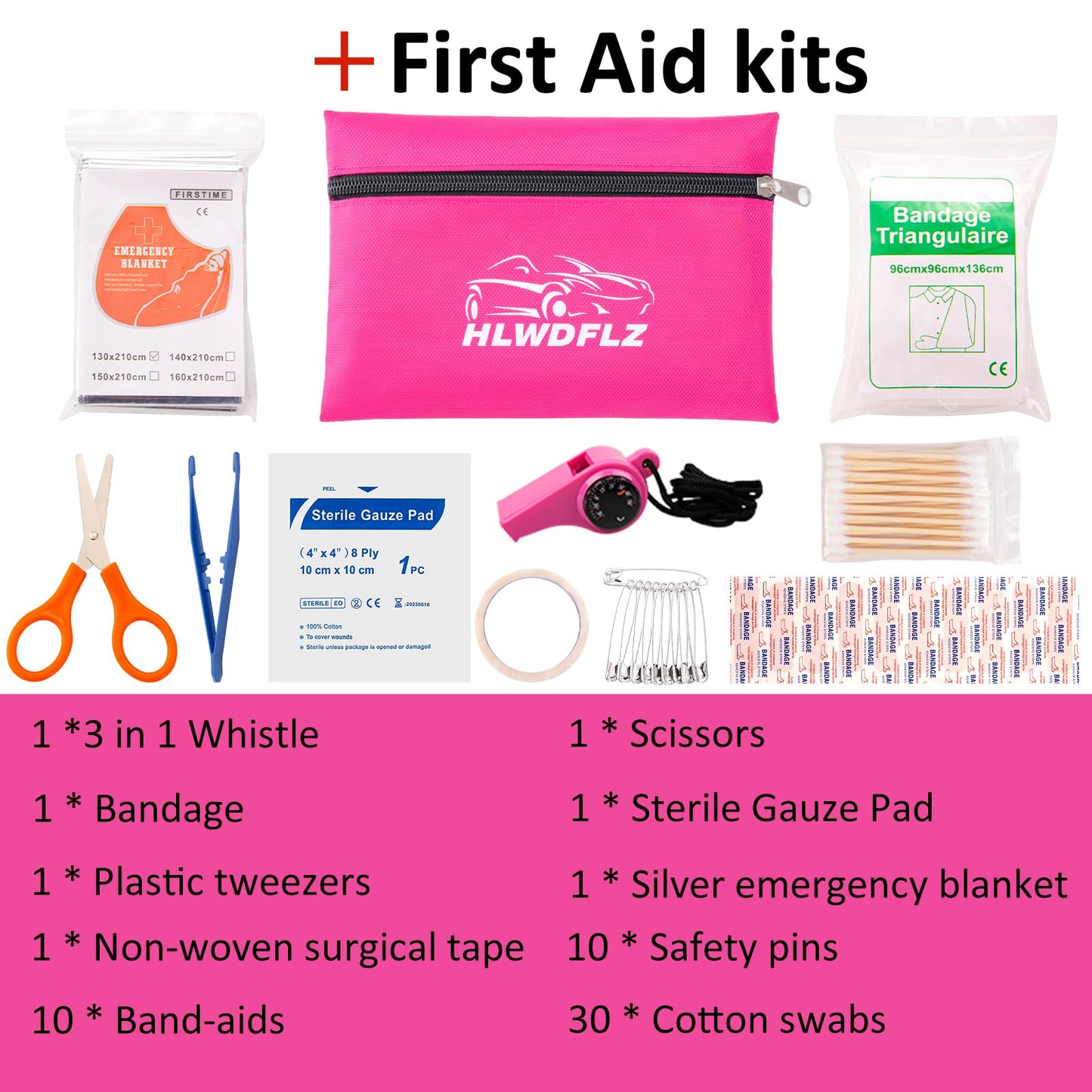 HLWDFLZ Car Roadside Emergency Kit - Pink Roadside Assistance Emergency Kit with Jumper Cables, Auto Tool Set, Deer Whistles, Winter Car Safety Roadside Assist Kit for Teen Girl and Ladies