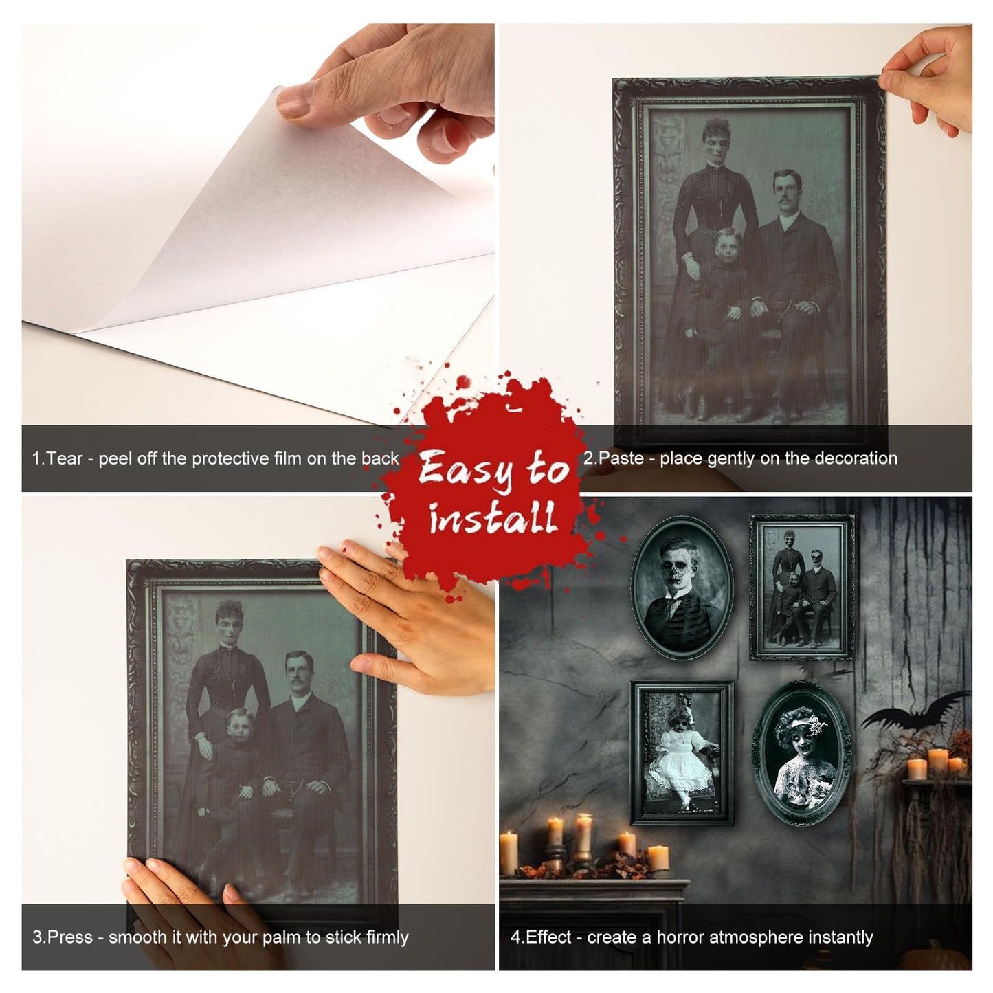 6 Pack Halloween Decoration 3D Changing Face Moving Gothic Horror Picture Frames Portrait, Waterproof, Full adhesive backing, Spooky Halloween Wall Decor For Haunted Mansion Castle Masquerade Party