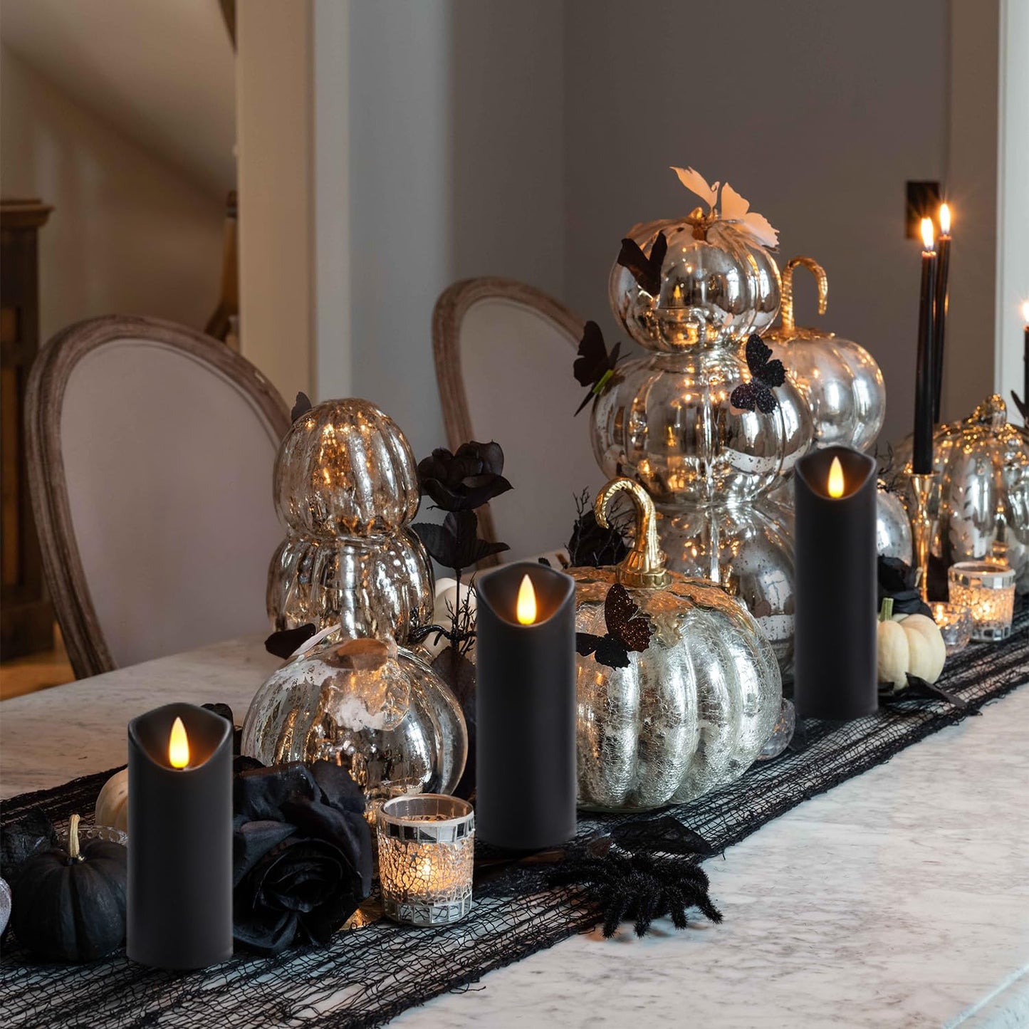 Homemory Black Flameless Candles, Halloween Candles, Battery Operated Candles, LED Pillar Candles with Remote Control and Timers, Set of 9