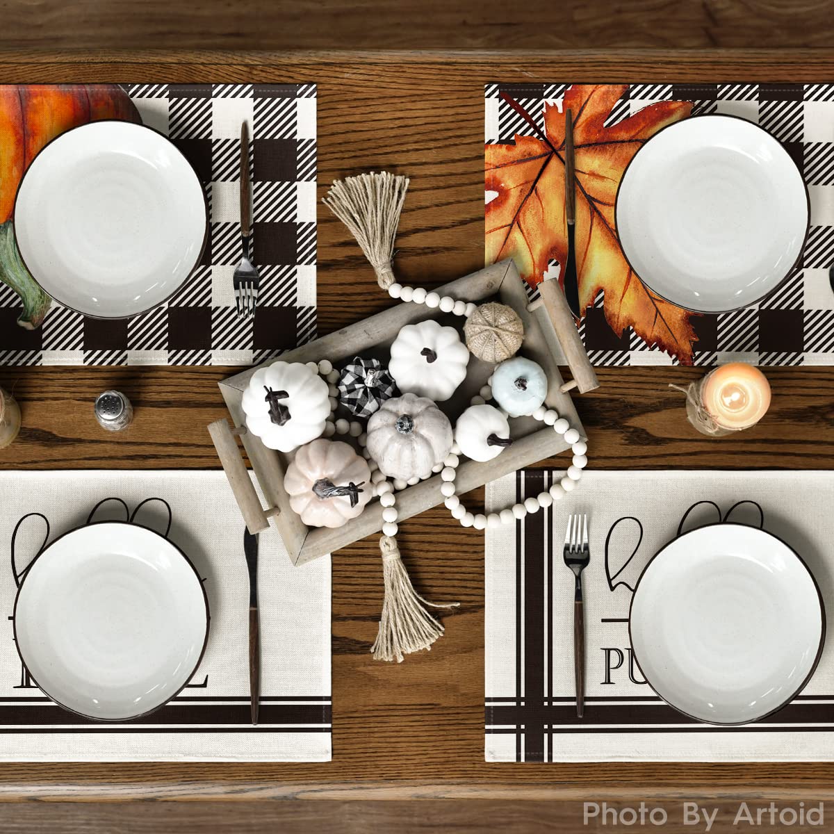 Artoid Mode Hello Fall Pumpkin Maple Leaves Buffalo Plaid Placemats for Dining Table, 12 x 18 Inch Seasonal Harvest Holiday Rustic Vintage Thanksgiving Washable Table Mats Set of 4