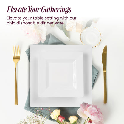 Aya's 60ct White Square Disposable Plates - Heavy Duty Plastic Party Plates for Christmas, Thanksgiving (30 Dinner & 30 Salad)